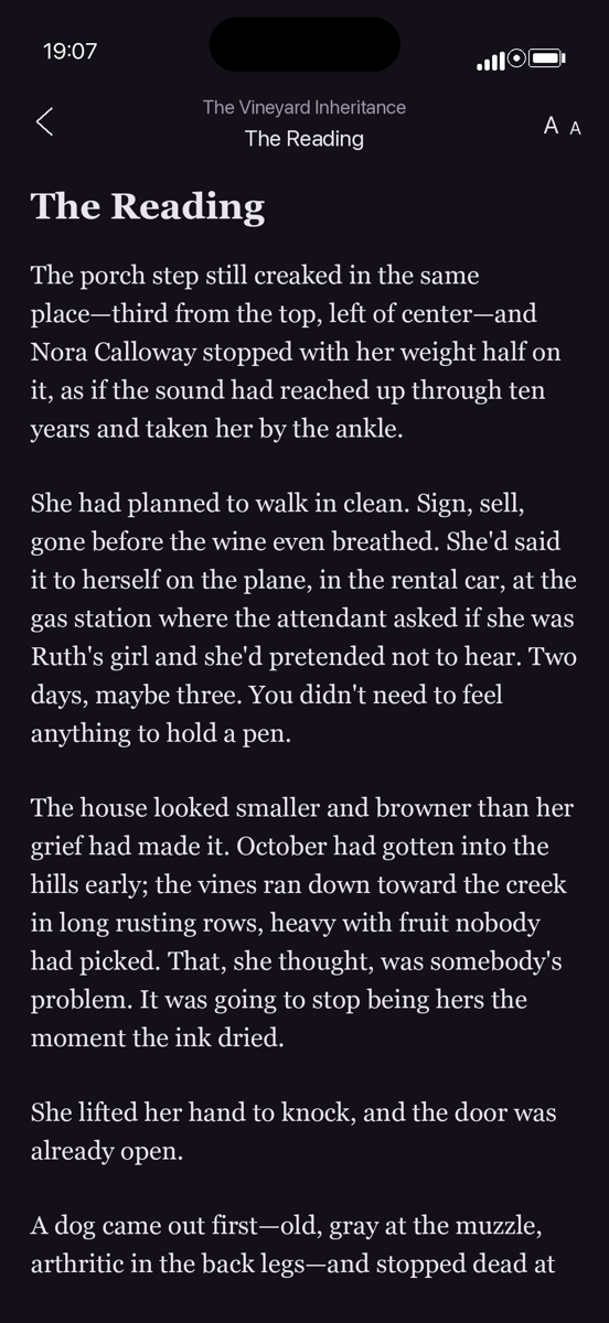 Novel reader in the StoryBinge app, opening of The Vineyard Inheritance